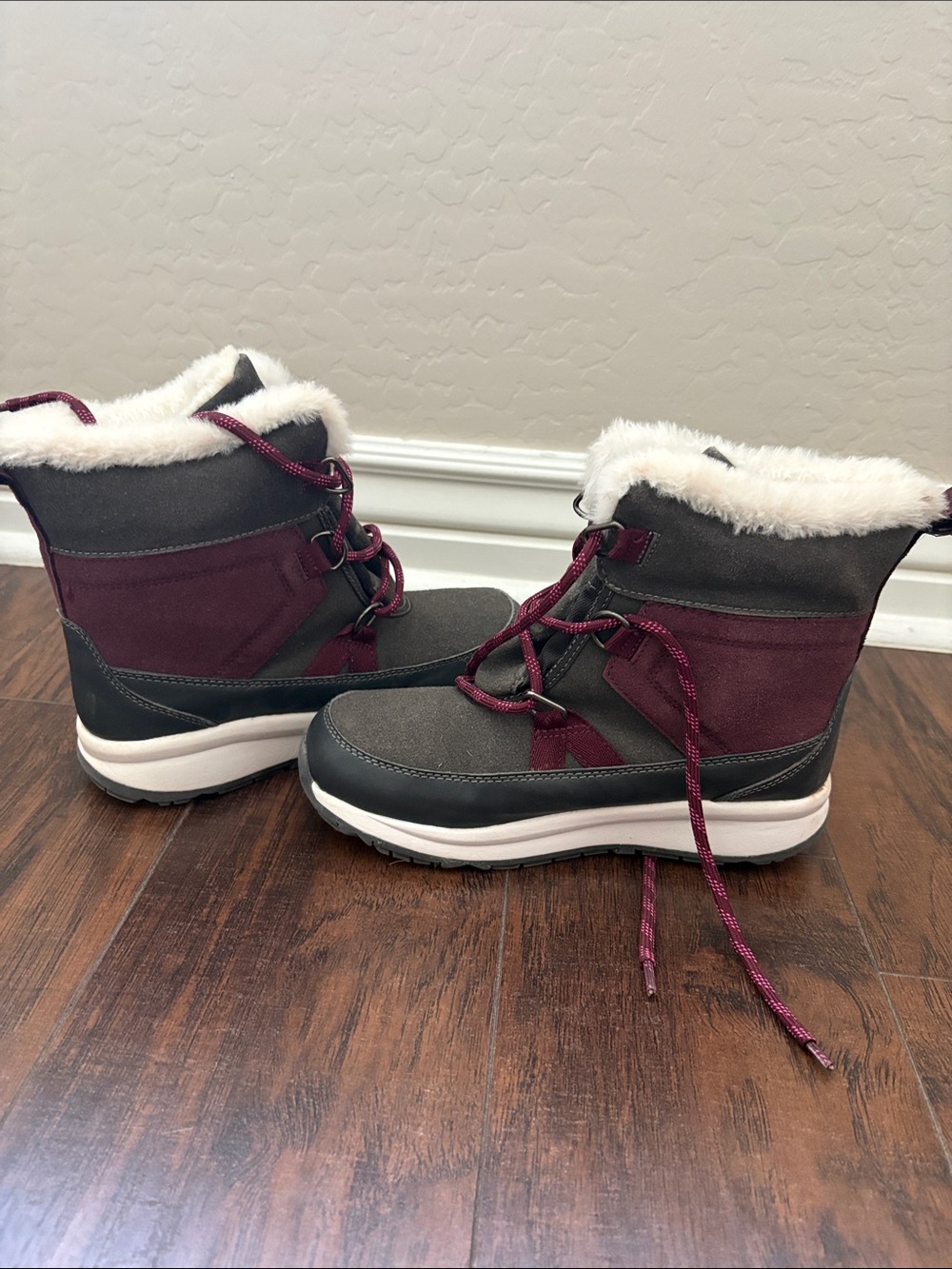 Cat & Jack Burgundy and Gray Faux-Fur Winter Boots